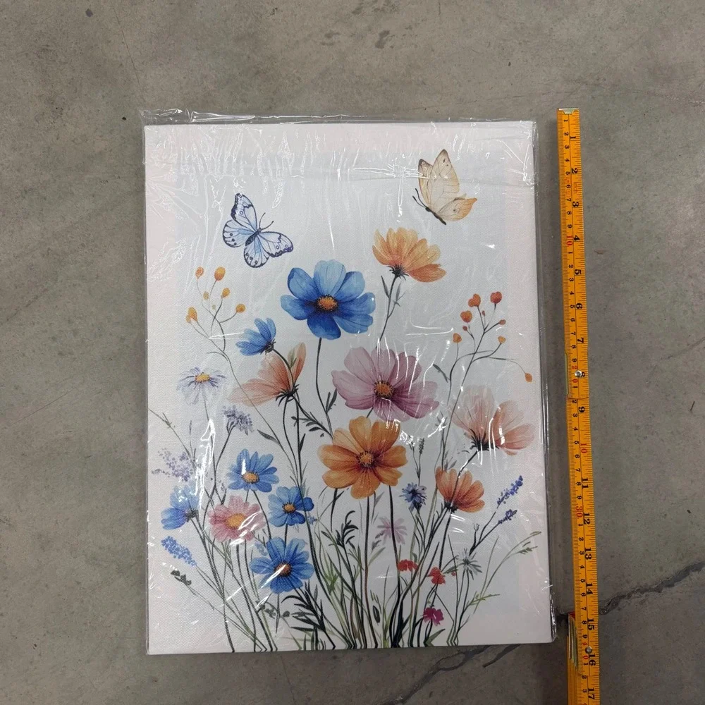 Floral Wildflower Canvas Wall Art Blue Orange Pink Flowers Butterflies 12x16